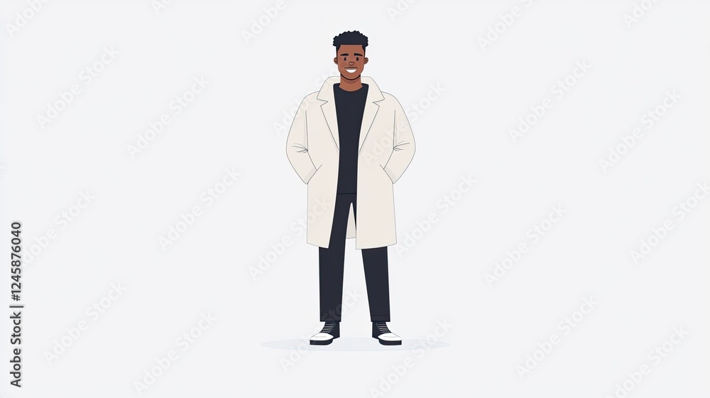 Stylish young man in a white coat standing confidently against a minimalist background Stylish young man in a white coat standing confidently against a minimalist background