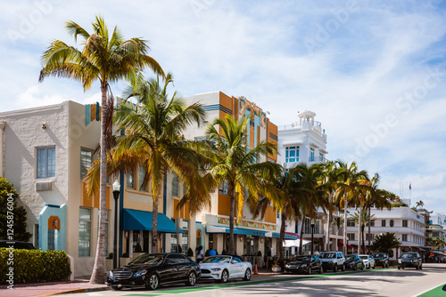 Ocean Drive with palm trees, Miami, Florida, United States
