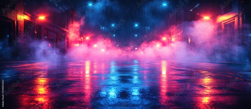Fototapeta premium Neon lights illuminate a desolate street scene with fog and reflections creating a moody, atmospheric nighttime ambiance.