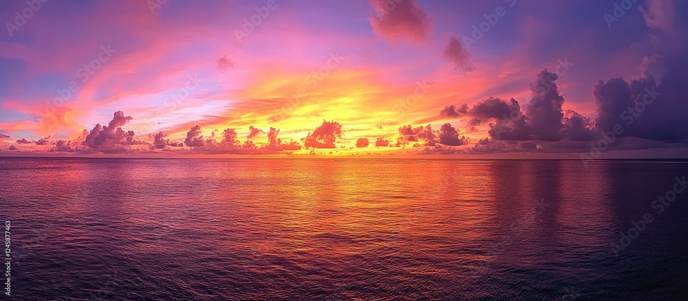 Fototapeta premium Vibrant sunset over calm ocean waters with colorful clouds and reflections in the water, Copy Space available for text placement