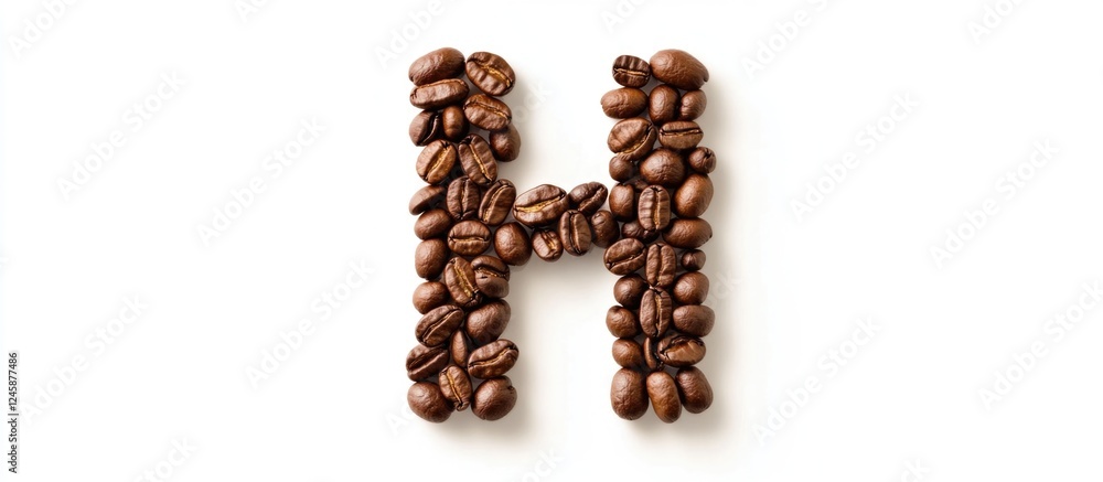 Coffee beans arranged to form the letter H isolated on a white background ideal for creative and food-related designs. Coffee beans arranged to form the letter H isolated on a white background ideal for creative and food-related designs.