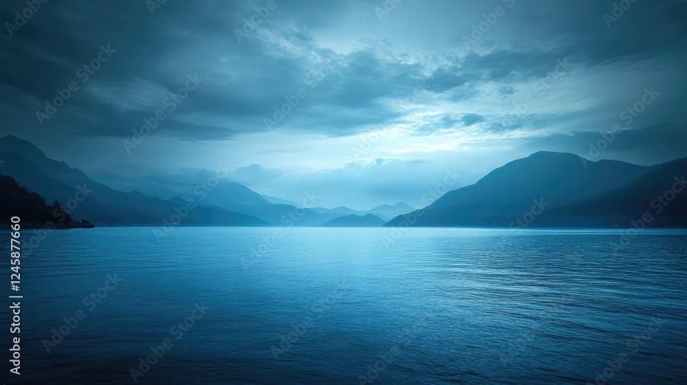Tranquil twilight seascape with misty mountains and serene water reflecting soft blue hues ideal for text overlay or calming design projects Tranquil twilight seascape with misty mountains and serene water reflecting soft blue hues ideal for text overlay or calming design projects