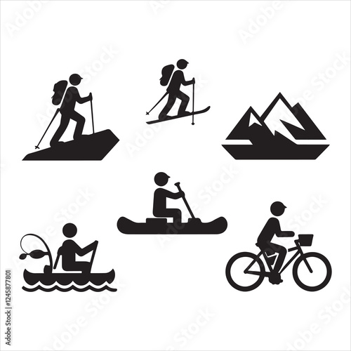 person hiking, a person skiing, a person mountain climbing, a person kayaking, a person biking, and a person fishing.