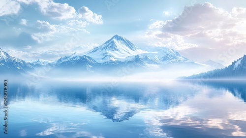 Wallpaper Mural A shimmering lake with a snow-capped mountain in the background, creating a serene and peaceful atmosphere for an empty showcase podium or product presentation. Torontodigital.ca