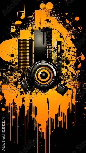 Abstract music design, audio equipment, splash art, black background, for music websites
