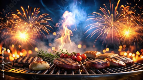 Sizzling food on grill at night with fireworks in background and smoke from chimney , food, smoke photo