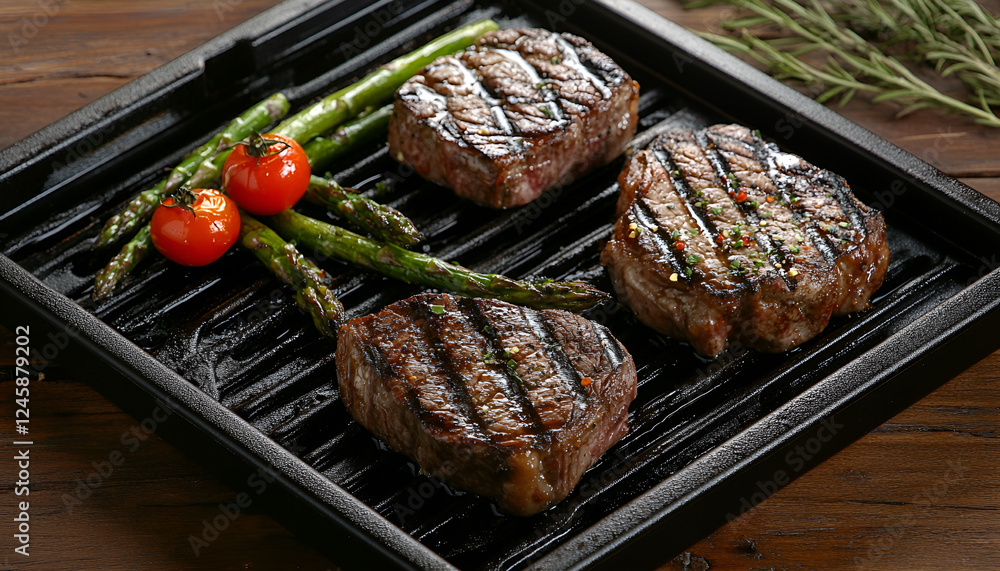 Barbecue grilled beef steak meat with asparagus and tomatoes. Top view Barbecue grilled beef steak meat with asparagus and tomatoes. Top view