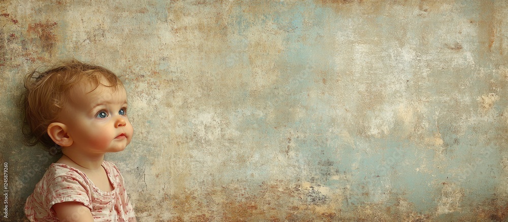 Fototapeta premium Child sitting against textured wall with copy space for text