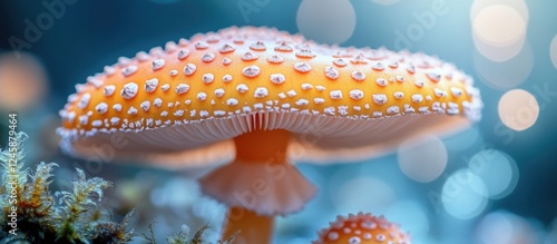 Abstract macro image of vibrant Sajor caju mushroom displaying intricate details and colors in a blurred background setting. photo