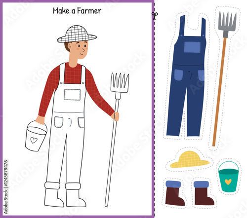 Farmer dress-up cut and glue game with cute character. Educational farm activity page for kids. On the farm matching game for school and preschool. Vector illustration