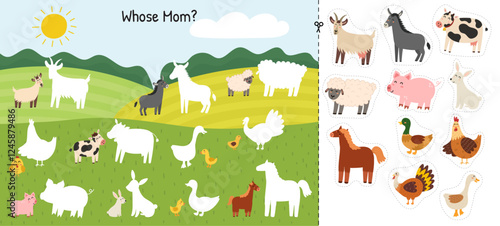 Whose Mom cut and glue game with cute farm animals. Mother and baby matching activity page for kids. Funny printable template. Vector illustration