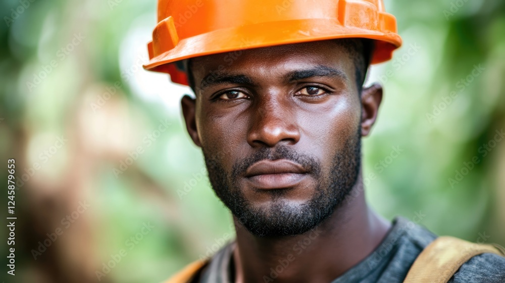 Portrait of a construction worker wearing an orange hard hat with a serious expression outdoors Copy Space
