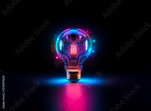 Illuminated light bulb with a glowing circuit board inside, radiating neon colors against a dark backdrop.  A symbol of bright ideas and innovation.