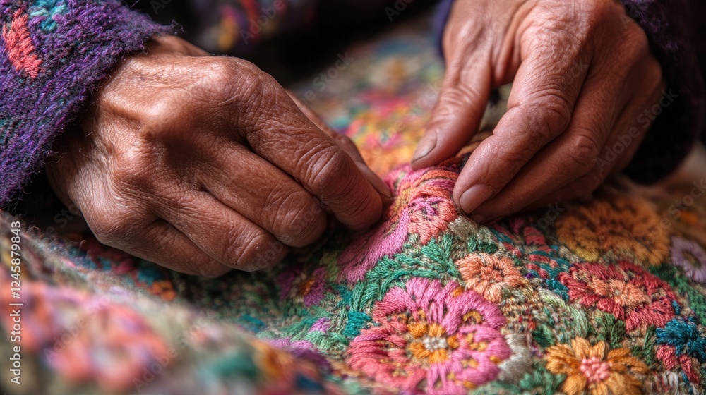 A skilled artisan hands working meticulously on delicate hand-embroidery, with vibrant threads creating intricate patterns on a textured fabric. A skilled artisan hands working meticulously on delicate hand-embroidery, with vibrant threads creating intricate patterns on a textured fabric.