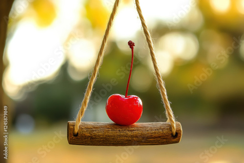 A cherry perched on a swing made of licorice, swaying in the breeze