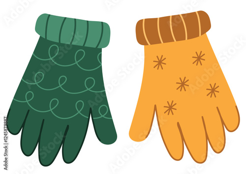 A pair of colorful winter mittens in cartoon style. Hand drawn warm gloves clipart. Vector illustration