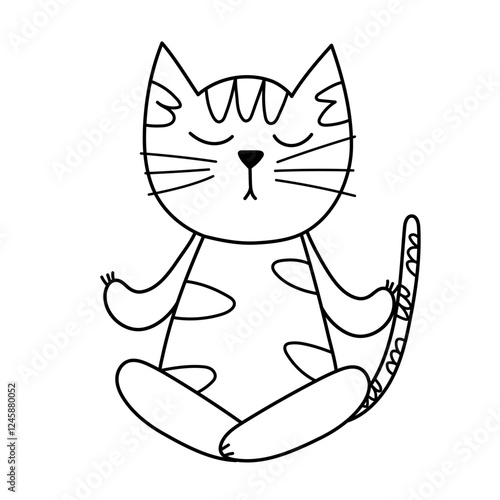 Cute cat doing yoga in black and white. Funny outline feline character in sitting position. Pet gymnastic vector illustration