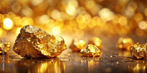 Luxurious gold nugget and crystal close-up on a golden background with warm light and reflections , luxury