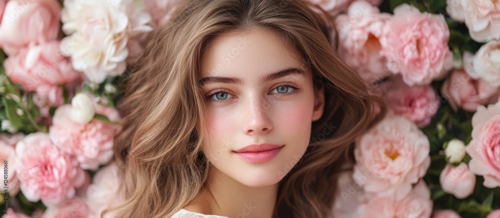 Young woman with long hair smiling in front of a background of pink peonies and roses Copy Space Young woman with long hair smiling in front of a background of pink peonies and roses Copy Space