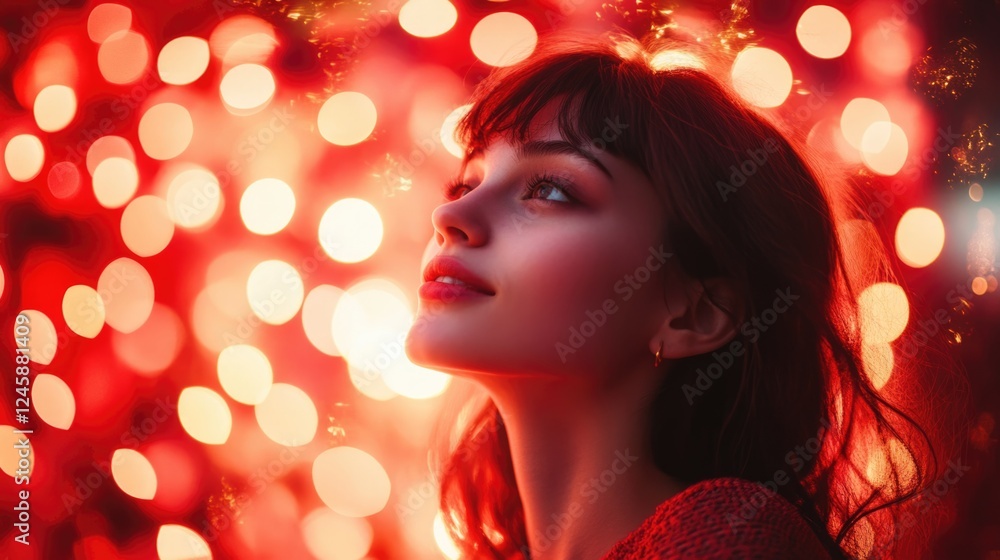 Portrait of young woman with soft features illuminated by red bokeh lights, dreamy expression, and copy space for text. Portrait of young woman with soft features illuminated by red bokeh lights, dreamy expression, and copy space for text.