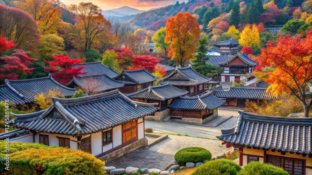 Traditional Korean village with well-preserved hanok houses surrounded by lush greenery and vibrant autumn leaves , hanoik Traditional Korean village with well-preserved hanok houses surrounded by lush greenery and vibrant autumn leaves , hanoik