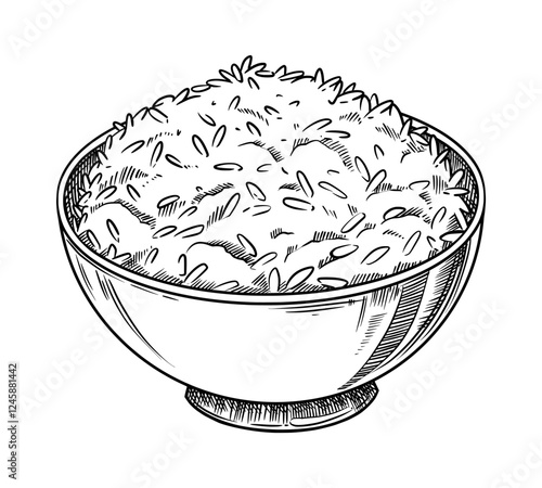 Steamed rice bowl food illustration in the graphic line art style. Hand drawn vector outline element of healthy side dish meal. Perfect for menu creating and sketch drawing designs.