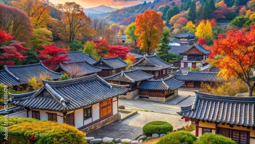 Traditional Korean village with well-preserved hanok houses surrounded by lush greenery and vibrant autumn leaves , hanoik