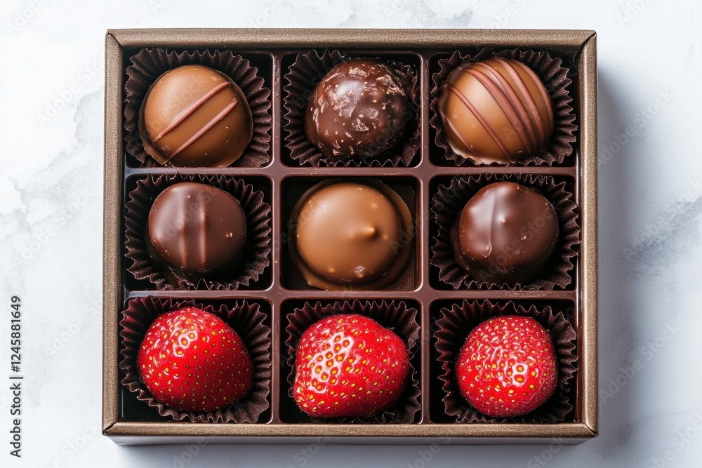 Assorted Chocolates and Fresh Strawberries in Elegant Box on Marble Background