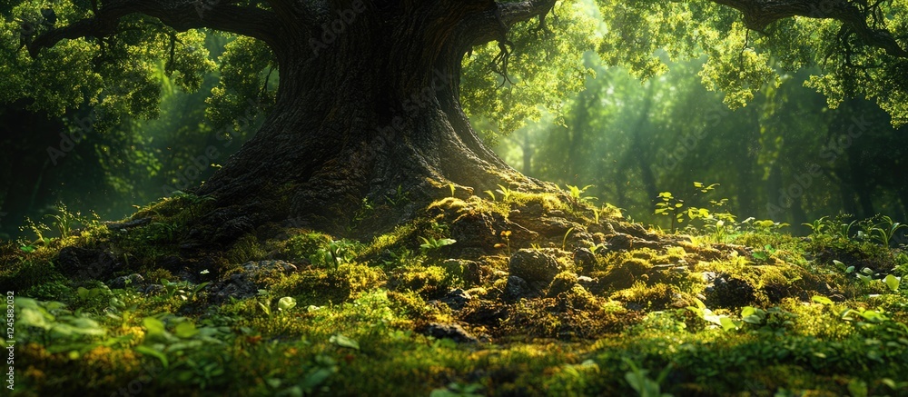 Majestic old tree trunk surrounded by lush greenery and soft sunlight filtering through leaves in a tranquil forest setting. Majestic old tree trunk surrounded by lush greenery and soft sunlight filtering through leaves in a tranquil forest setting.