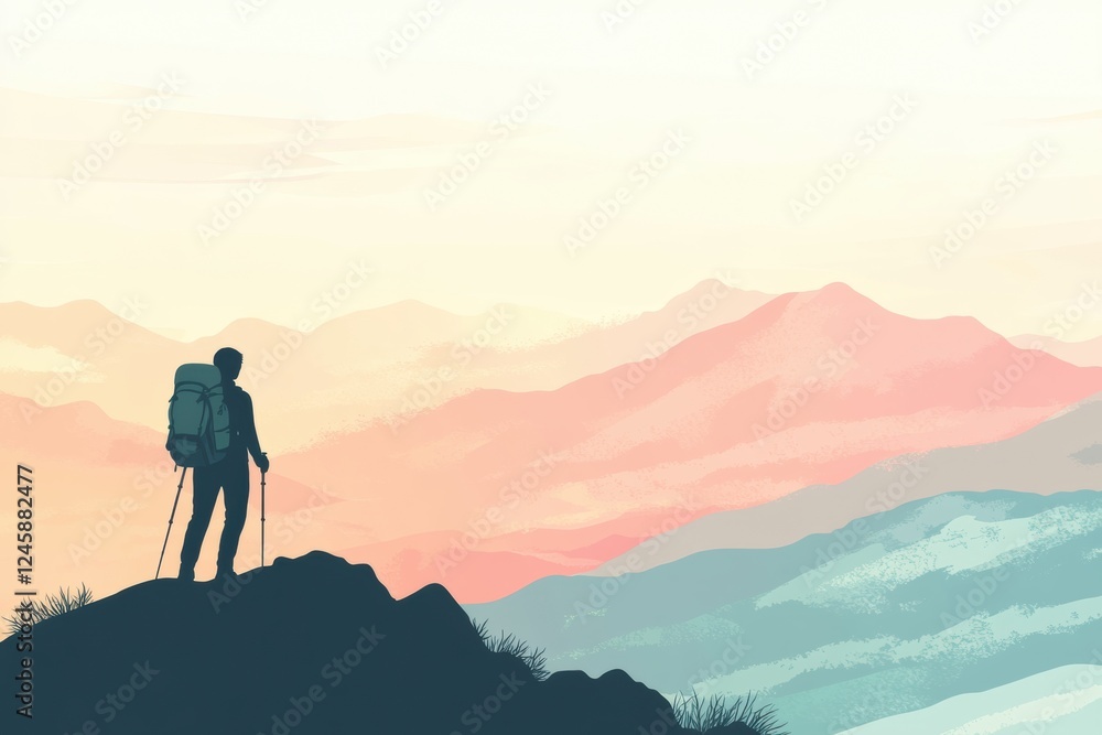 Silhouette of hiker on mountain ridge enjoying vast landscape at sunset with space for text. Generative AI Silhouette of hiker on mountain ridge enjoying vast landscape at sunset with space for text. Generative AI