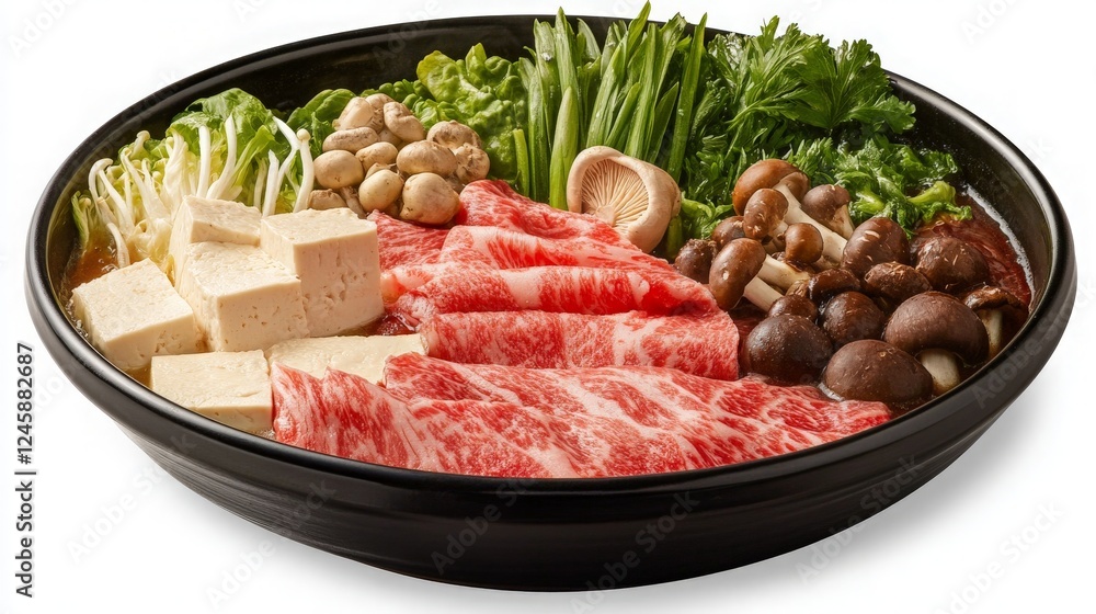 Assorted Fresh Ingredients in a Black Bowl for Hot Pot or Stew Preparation, Featuring Vibrant Vegetables, Meats, and Herbs Perfect for Culinary Creations. Assorted Fresh Ingredients in a Black Bowl for Hot Pot or Stew Preparation, Featuring Vibrant Vegetables, Meats, and Herbs Perfect for Culinary Creations.