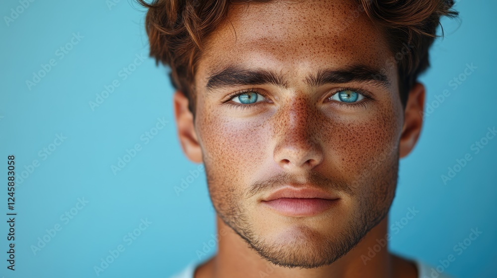 Obraz premium Portrait of young man with curly hair and blue eyes against blue background with freckles and neutral expression Copy Space