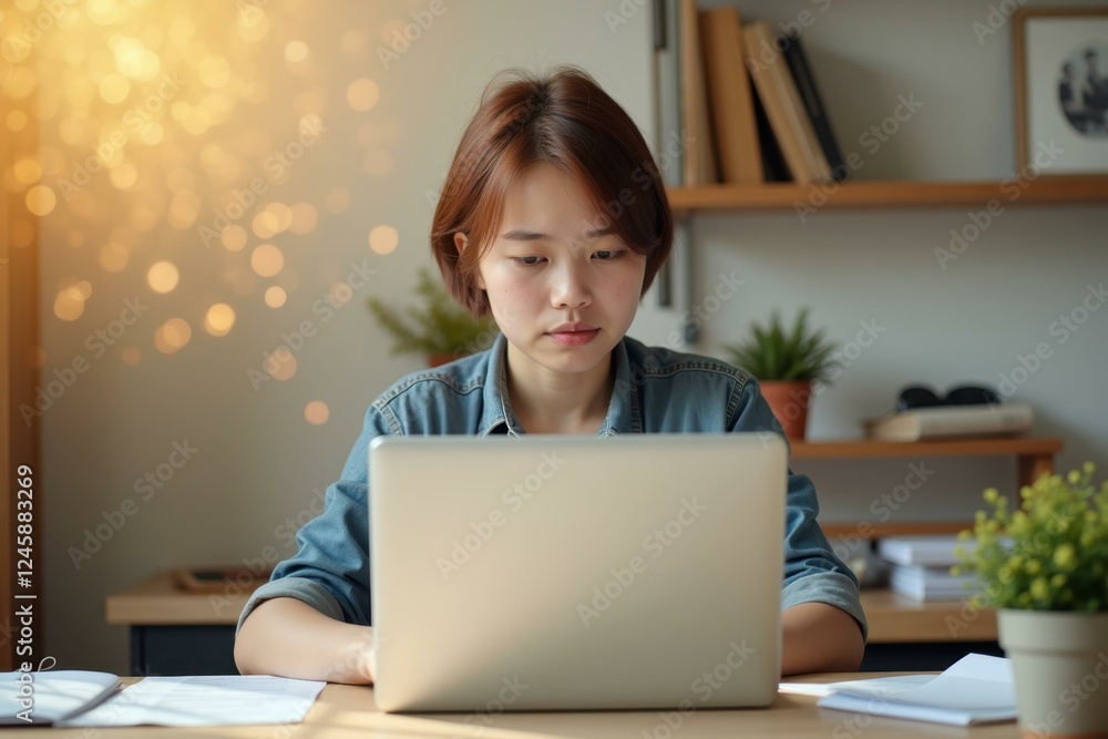 Woman is sitting at table with laptop computer Woman is sitting at table with laptop computer
