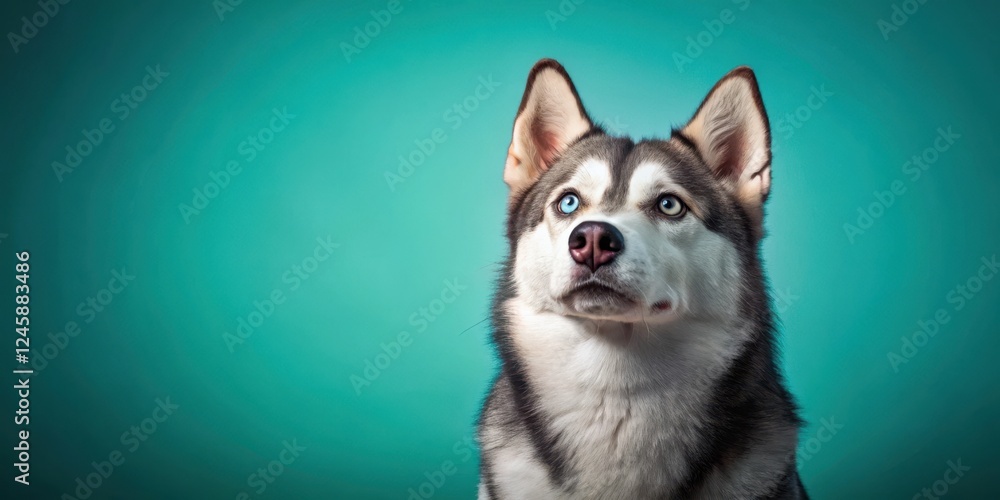 Fototapeta premium A Siberian husky dog sits in a tranquil environment with large brown eyes looking up at something above its head on a colorful turquoise wall , animal behavior, turqoise background