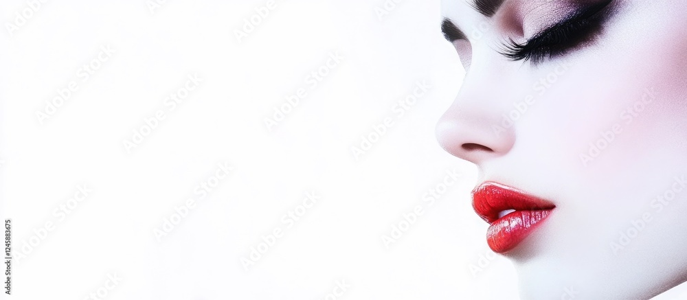 Profile view of a woman with bold makeup and red lips against a white background Copy Space Profile view of a woman with bold makeup and red lips against a white background Copy Space
