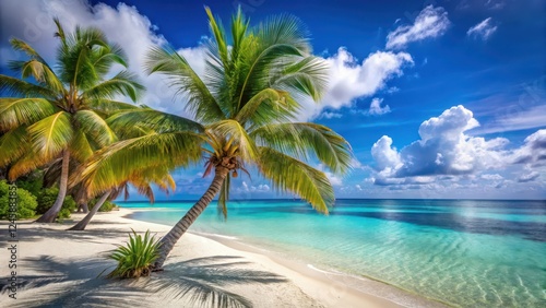 Palm trees sway gently in the ocean breeze on a tranquil tropical beach with crystal clear turquoise water and powdery white sand, island getaway, serene
