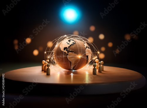 Wooden figures encircle a glowing globe on a table. Light connects them, representing global network and collaboration. Unity. photo