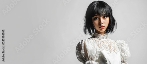 Asian girl in elegant white lolita dress with blank area for customizable text layout on a minimalistic background photo