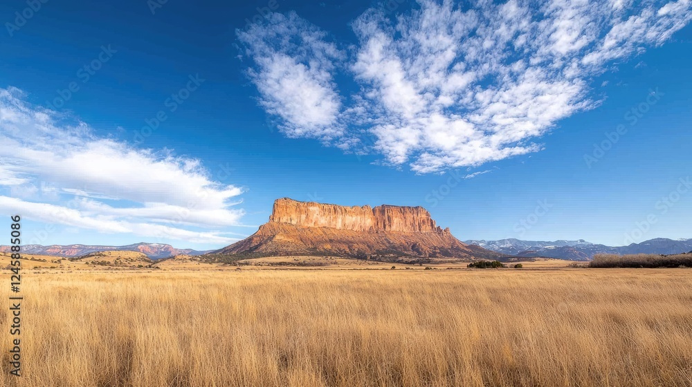 Majestic mesa under blue sky, golden field, distant mountains; travel poster Majestic mesa under blue sky, golden field, distant mountains; travel poster