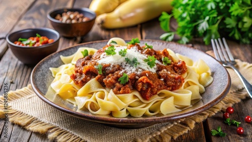 Cozy Italian dinner table with medium shells pasta topped with rich and flavorful bolognese sauce, garnished with fresh parsley and grated Parmesan cheese , dinneridea, #pastarecipes photo