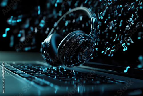 A pair of headphones dancing to music notes floating from a nearby laptop