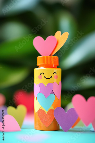 A glue bottle with a happy face, sticking paper hearts together