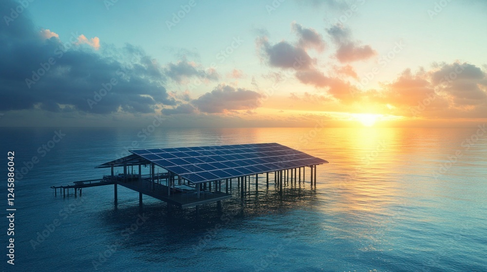 Innovative offshore solar panel farm at sunrise calm waters aerial view renewable energy concept Innovative offshore solar panel farm at sunrise calm waters aerial view renewable energy concept