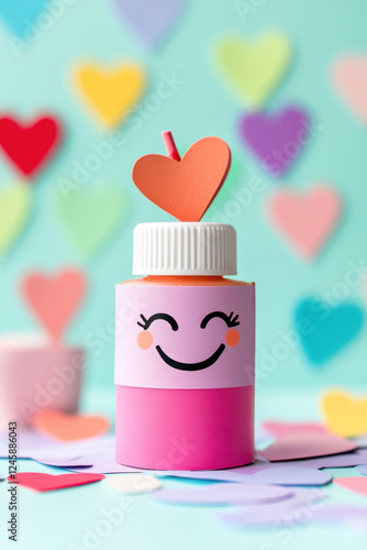 A glue bottle with a happy face, sticking paper hearts together