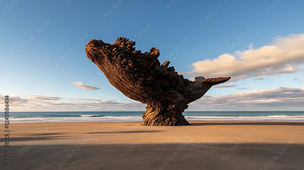 A striking wooden sculpture resembling a whale stands on a beach under a clear sky A striking wooden sculpture resembling a whale stands on a beach under a clear sky