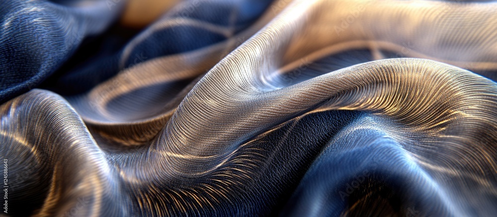 Naklejka premium Elegant abstract fabric texture with flowing lines in rich blue and gold hues, ideal for design and textile backgrounds.