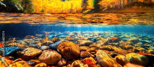 Autumn colors reflecting on a clear mountain river's shallow sandy bottom illuminated by morning sunlight in a serene natural setting