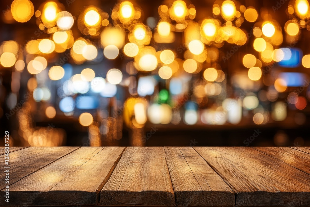 Rustic wooden bar top, bokeh lights, pub background, product display Rustic wooden bar top, bokeh lights, pub background, product display