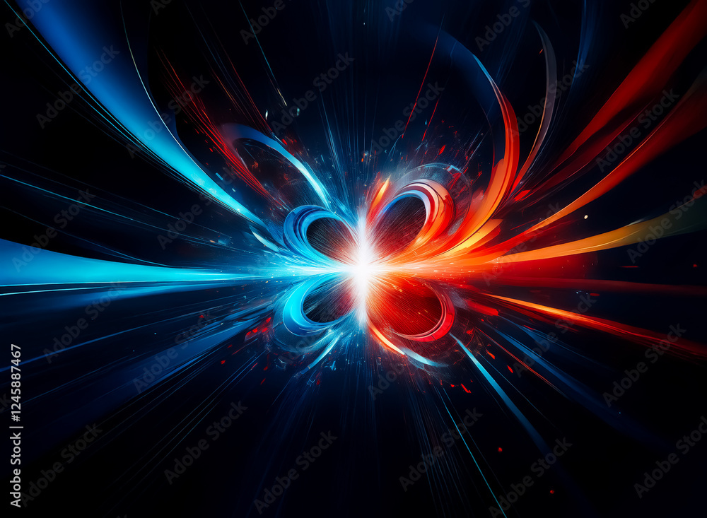 An abstract fractal design featuring dynamic swirling blue and red shapes radiating from a central bright point against a dark backdrop, creating an energetic and vibrant visual. An abstract fractal design featuring dynamic swirling blue and red shapes radiating from a central bright point against a dark backdrop, creating an energetic and vibrant visual.