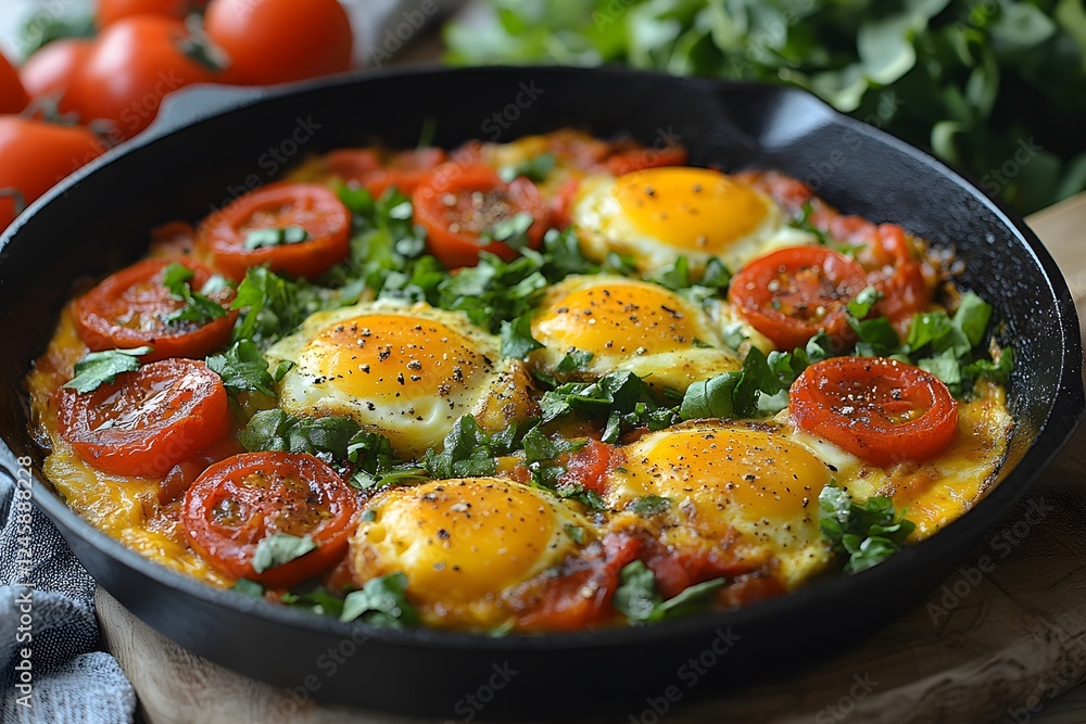 Hearty Shakshuka with Fresh Tomatoes and Herbs in Skillet - Perfect for Breakfast Hearty Shakshuka with Fresh Tomatoes and Herbs in Skillet - Perfect for Breakfast